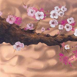 Cherry Blossom Drift – 16x36Acrylic on Copper_Japanese Cherry Blossom Branch Wall Art_Modern Floral Metal Artwork