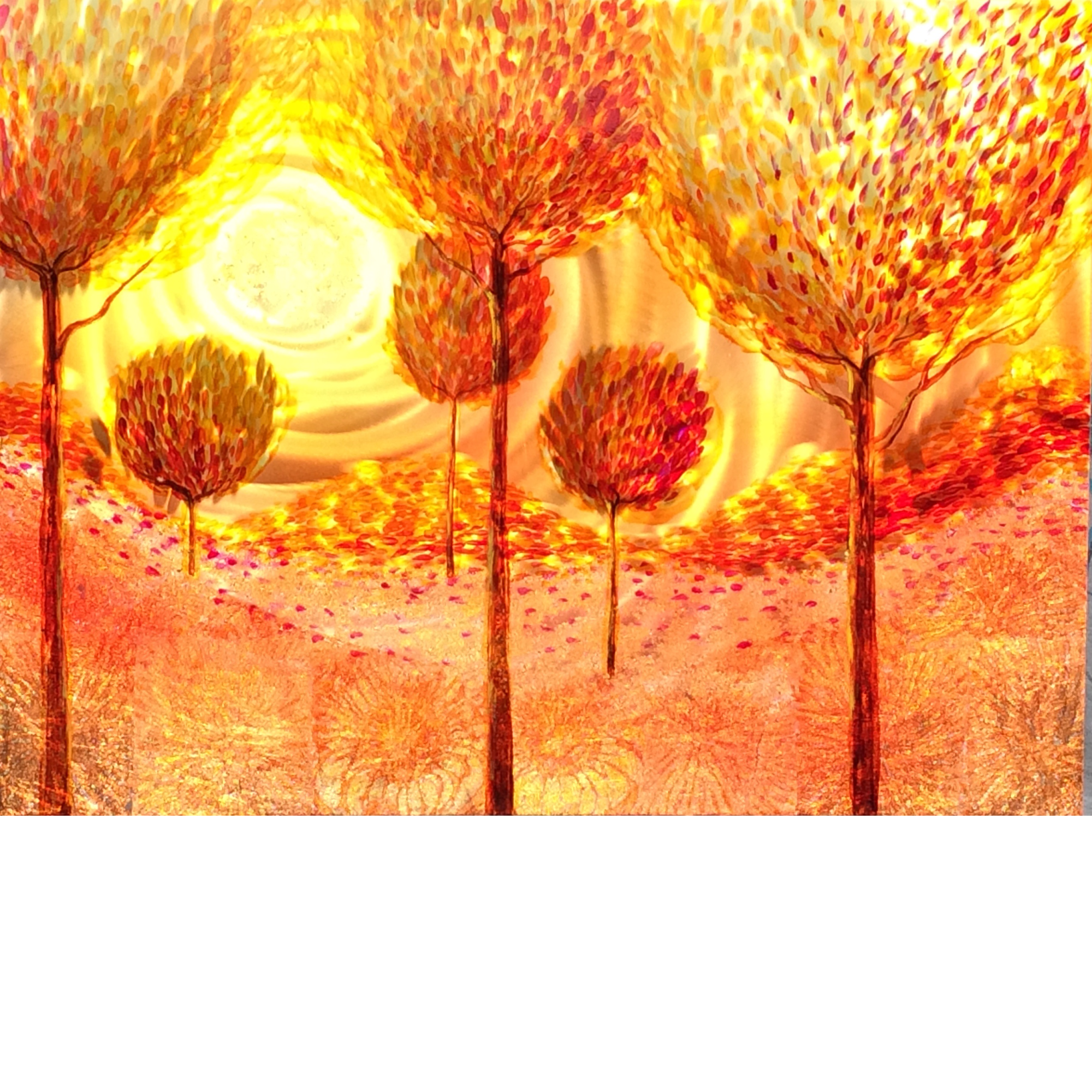 Metal wall art featuring a glowing autumn forest. “Walk Into Autumn”