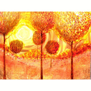 Metal wall art featuring a glowing autumn forest. “Walk Into Autumn”