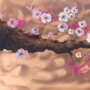 Cherry Blossom Drift – 16x36Acrylic on Copper_Japanese Cherry Blossom Branch Wall Art_Modern Floral Metal Artwork